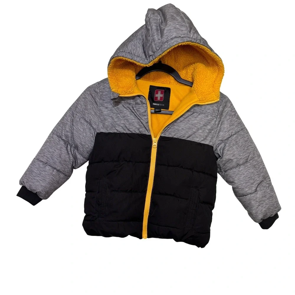 SwissTech Toddler Boys Puffer Jacket Gray Black Yellow Sherpa Lined Hooded 4T